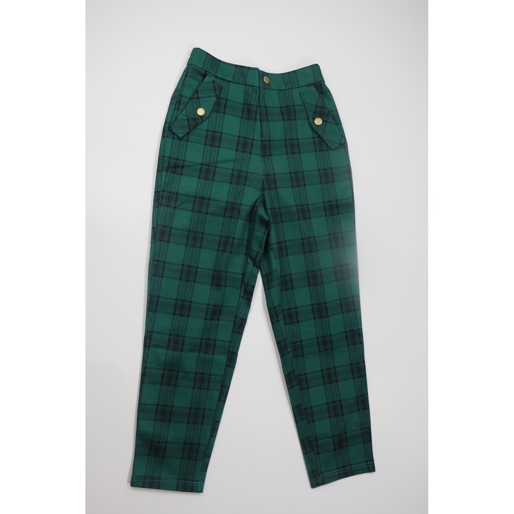 Allegra K Plaid Trousers High Waist Green Tartan Size S Button Accent Casual